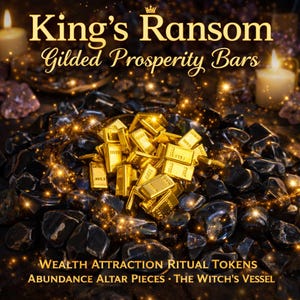 Puede incluir: Imagen promocional con lingotes dorados, etiquetados como "King's Ransom Gilded Prosperity Bars", sobre un lecho de piedras negras. También se ve el texto "Wealth Attraction Ritual Tokens" y "Abundance Altar Pieces". Tema místico.