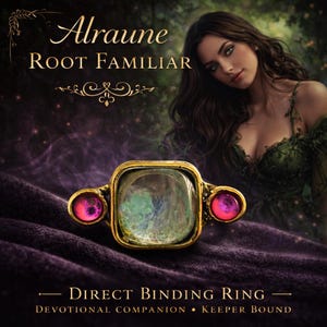 Puede incluir: Un anillo dorado con una piedra central cuadrada e iridiscente y dos piedras laterales rosas redondas. El anillo se muestra sobre un fondo morado oscuro con el texto "Alraune Root Familiar" y "Direct Binding Ring".
