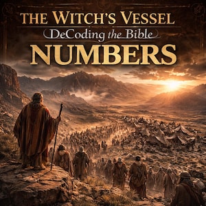 May include: An illustrated book cover with the title "THE WITCH'S VESSEL" and "DeCoding the Bible NUMBERS" in gold lettering. The image depicts a biblical scene with figures walking through a desert landscape towards a setting sun.