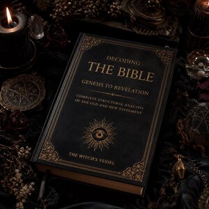 May include: A black hardcover book, titled "Decoding The Bible", with gold lettering and ornate corner designs. The book's cover features the text "Genesis to Revelation" and "The Witch's Vessel". The image has a dark, gothic aesthetic.