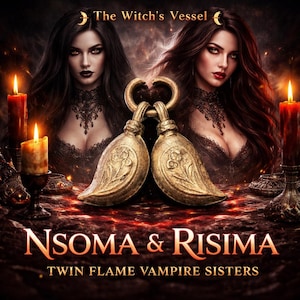 Puede incluir: Ilustración digital de dos mujeres con cabello largo y oscuro, adornadas con encaje. La imagen incluye dos objetos dorados en forma de campana y velas encendidas. El texto dice "The Witch's Vessel" y "Nsoma & Risima, Twin Flame Vampire Sisters."