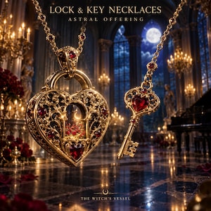 Könnte beinhalten: Ein herzförmiger Vorhängeschloss-Anhänger und ein passender Schlüssel-Anhänger aus Gold, beide mit filigranen Metallarbeiten und eingebetteten roten Edelsteinen. Der Text LOCK & KEY NECKLACES ASTRAL OFFERING und THE WITCH'S VESSEL ist sichtbar.