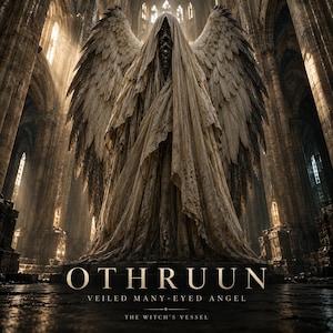 Pode incluir: Uma figura alta e alada envolta em tecido esfarrapado de cor branca, de pé numa catedral de pedra. O texto OTHRUUN VEILED MANY-EYED ANGEL THE WITCH'S VESSEL está impresso na parte inferior. A figura tem grandes asas emplumadas e um rosto escuro.