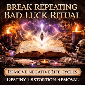 May include: An open, aged book with glowing light emanating from its centre, flanked by lit candles and skulls. The image features the text "BREAK REPEATING BAD LUCK RITUAL" and "REMOVE NEGATIVE LIFE CYCLES" and "Destiny Distortion Removal". The overall theme is mystical and spiritual.
