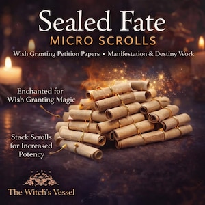 Könnte beinhalten: Ein Stapel gerollter Mikro-Schriftrollen, die mit goldenem Draht gebunden sind. Der Text im Bild lautet "Sealed Fate Micro Scrolls" und "Wish Granting Petition Papers". Es steht auch "Enchanted for Wish Granting Magic" und "Stack Scrolls for Increased Potency". Unten steht "The Witch's Vessel".