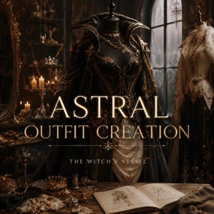 Può includere: Un abito nero e oro ornato su un manichino con colletto alto, ricami intricati e tessuto a strati. Il testo ASTRAL OUTFIT CREATION THE WITCH'S VESSEL è centrato sopra l'indumento, con un album da disegno aperto su un tavolo in primo piano.