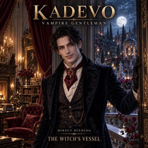 May include: A book cover titled KADEVO VAMPIRE GENTLEMAN DIRECT BINDING THE WITCH'S VESSEL featuring a dark-haired individual in a navy velvet coat, patterned waistcoat, and white ruffled shirt with a red cravat, standing in a gothic room.