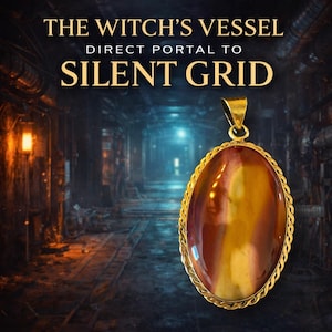 Könnte beinhalten: Goldfarbener Anhänger mit einem ovalen, mehrfarbigen Stein in Braun-, Gelb- und Orangetönen. Der Anhänger ist vor einem dunklen, industriellen Hintergrund platziert. Der Text lautet: "THE WITCH'S VESSEL DIRECT PORTAL TO SILENT GRID".