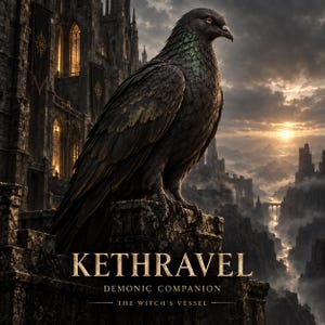 Può includere: Un piccione scuro e iridescente appollaiato su una sporgenza di pietra davanti a un castello gotico al tramonto. Il testo KETHRAVEL DEMONIC COMPANION THE WITCH'S VESSEL è stampato in lettere dorate nella parte inferiore dell'immagine, sotto l'uccello.
