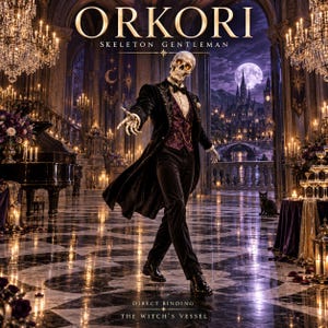 Może przedstawiać: Szkielet ubrany w czarny frak, fioletową wzorzystą kamizelkę i muszkę, stojący w wielkiej sali. Tekst głosi ORKORI SKELETON GENTLEMAN oraz DIRECT BINDING THE WITCH'S VESSEL. Scena zawiera żyrandole, pianino oraz zamek w świetle księżyca.