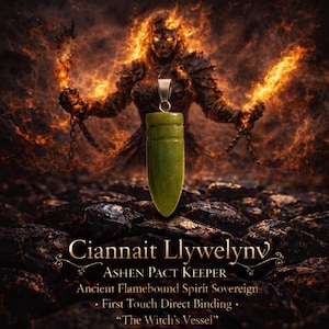 May include: A green pendant with a silver bail hangs in front of a fiery background with a demonic figure. The pendant is the focal point, with text below reading "Ciannait Llywelynv" and "The Witch's Vessel."
