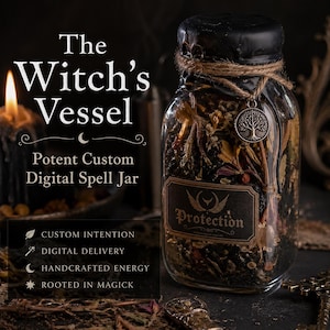 Op de afbeelding: Een glazen pot met het opschrift "The Witch's Vessel", gevuld met gedroogde kruiden en bloemen. De pot is afgesloten met een zwart deksel en touw, en er hangt een metalen levensboom-bedel aan. Het etiket luidt "Protection".