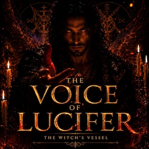 May include: A dark, atmospheric graphic featuring a person with long dark hair and glowing red eyes, reaching forward. The text reads THE VOICE OF LUCIFER THE WITCH'S VESSEL in gold lettering. The scene is illuminated by several lit candles.