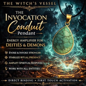 May include: A turquoise pendant in a gold-coloured setting, hanging from a black cord. The image features text: "The Invocation Conduit Pendant" and "Energy Amplifier for Deities & Demons". The pendant is designed with a teardrop shape.