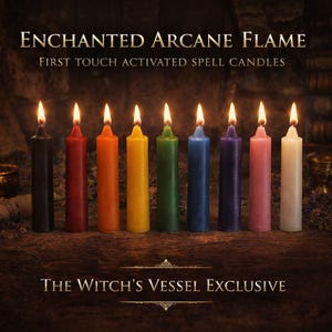 Puede incluir: Nueve velas cilíndricas en negro, rojo, naranja, amarillo, verde, azul, morado, rosa y blanco, cada una con una llama encendida. El texto dice: ENCHANTED ARCANE FLAME, FIRST TOUCH ACTIVATED SPELL CANDLES, THE WITCH'S VESSEL EXCLUSIVE.