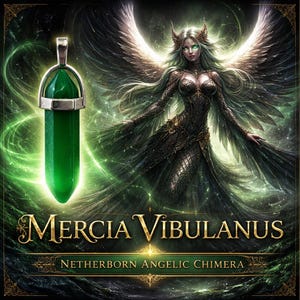 Può includere: Un ciondolo di cristallo verde con un cappuccio color argento è appeso davanti a un'illustrazione fantasy di una donna con le ali. Il testo "Mercia Vibulanus" e "Netherborn Angelic Chimera" è visualizzato in lettere dorate.