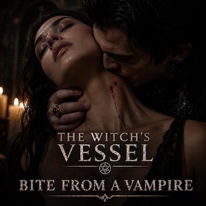 Może przedstawiać: Mroczny obraz wampira gryzącego kobietę w szyję. Widoczny tekst "THE WITCH'S VESSEL" i "BITE FROM A VAMPIRE". Scena nawiązuje do gotyckiego horroru i tematyki wampirów.