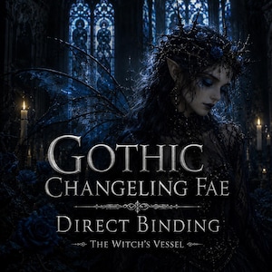 Puede incluir: Ilustración digital de una figura de pelo oscuro con orejas puntiagudas, que lleva una corona y ropa oscura, con detalles en azul. El texto dice "Gothic Changeling Fae Direct Binding The Witch's Vessel."