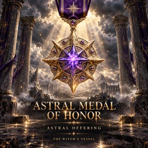 Könnte beinhalten: Eine goldene sternförmige Medaille mit einem zentralen violetten Kristall, die an einem violetten Band hängt. Der Text lautet ASTRAL MEDAL OF HONOR, ASTRAL OFFERING und THE WITCH'S VESSEL. Der Hintergrund zeigt Steinsäulen und einen bewölkten Himmel.