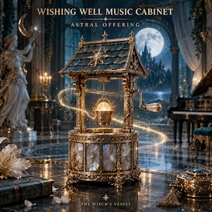 Könnte beinhalten: Ein Wishing Well Musikschrank mit der Aufschrift Astral Offering und The Witch's Vessel. Diese verzierte goldfarbene Struktur verfügt über ein Schindeldach, einen leuchtenden Eimer an einer Kette und eine Kurbel mit irisierenden Paneelen.