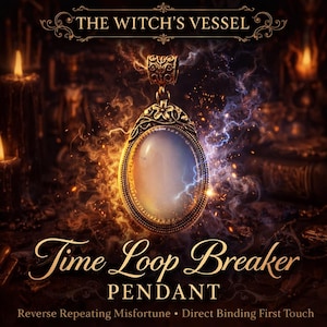 Könnte beinhalten: Ein goldfarbener Anhänger mit einem ovalen, irisierenden Stein. Der Anhänger ist mit floralen Details verziert und trägt oben den Text "THE WITCH'S VESSEL". Die Worte "Time Loop Breaker PENDANT" sind ebenfalls sichtbar.