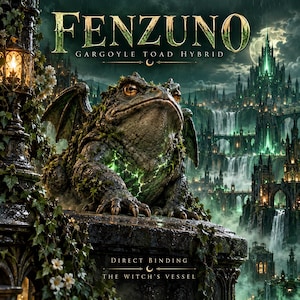 Puede incluir: Una criatura híbrida de sapo gárgola Fenzuno con piel verde texturizada y alas pequeñas, posada en una repisa de piedra. La imagen presenta el texto FENZUNO GARGOYLE TOAD HYBRID, DIRECT BINDING y THE WITCH'S VESSEL sobre un fondo de castillo oscuro.
