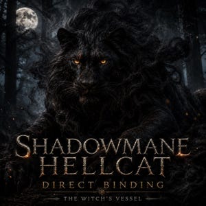 May include: A black lion with glowing amber eyes and a thick, dark mane. The text SHADOWMANE HELLCAT DIRECT BINDING THE WITCH'S VESSEL is printed in metallic gold lettering across the lower portion of the dark, forest-themed image.