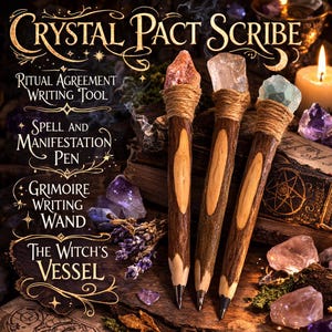 May include: Three wooden writing tools with crystal tops. The tools are labeled as a ritual agreement writing tool, spell and manifestation pen, and grimoire writing wand. The text "Crystal Pact Scribe" and "The Witch's Vessel" are also visible.