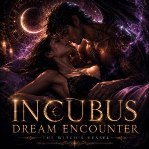 Könnte beinhalten: Eine digitale Illustration eines Paares in einer dunklen, ätherischen Umgebung mit violetter kosmischer Energie. Der Text INCUBUS DREAM ENCOUNTER THE WITCH'S VESSEL ist in goldener Schrift vor leuchtenden Kerzen abgebildet.