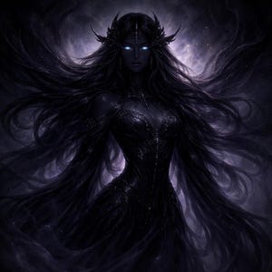 Può includere: Arte digitale di una figura dalla pelle scura con lunghi capelli neri e occhi blu luminosi. La figura indossa un abito nero dettagliato e un copricapo decorativo. Lo sfondo è una miscela scura di viola e neri.