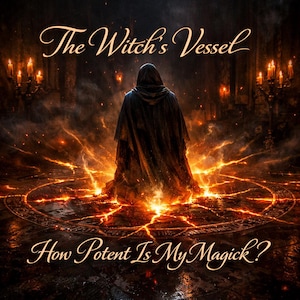 May include: A digital art image featuring a robed figure standing in a circle of fire. The text "The Witch's Vessel" and "How Potent Is My Magick?" are displayed in elegant script. The scene is set in a dark, candlelit room.