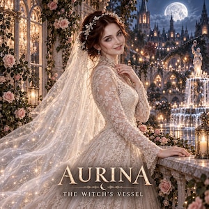 Könnte beinhalten: Ein langärmeliges elfenbeinfarbenes Spitzenbrautkleid mit hohem Ausschnitt und passendem bodenlangen Schleier. Der Text AURINA THE WITCH'S VESSEL ist unten zentriert. Das Kleidungsstück zeigt aufwendige Blumenstickereien und ein tailliertes Oberteil.