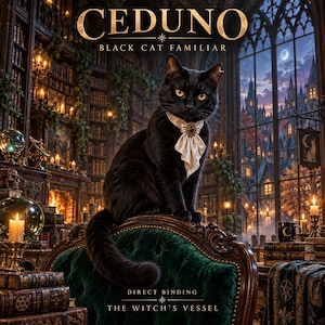 Könnte beinhalten: Eine schwarze Katze mit gelben Augen trägt ein cremefarbenes Halstuch mit einer dunklen Brosche und sitzt auf einem grünen, gepolsterten Samtsessel. Der Text CEDUNO BLACK CAT FAMILIAR und DIRECT BINDING THE WITCH'S VESSEL ist zu sehen.