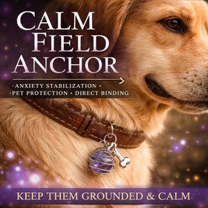 May include: A golden retriever wearing a brown leather collar with a decorative pendant. The pendant features a purple orb and a bone charm. Text on the image reads "CALM FIELD ANCHOR" and "KEEP THEM GROUNDED & CALM."