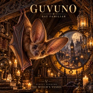 May include: A brown bat hangs from a wooden beam in a library setting. The text GUVUNO BAT FAMILIAR appears at the top, and DIRECT BINDING THE WITCH'S VESSEL is at the bottom. The background shows a circular window with a moonlit village scene.
