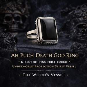 May include: A silver ring with a large, rectangular black stone. The ring has a rope-like border around the stone. The text "AH PUCH DEATH GOD RING" and other phrases are displayed on the image. The ring is a piece of jewelry.