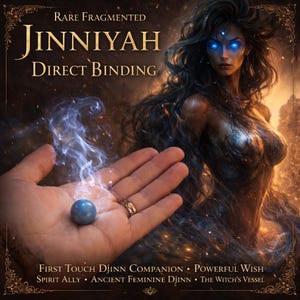 Può includere: Opera d'arte digitale raffigurante una donna con lunghi capelli scuri e occhi blu luminosi. Il testo recita "Rare Fragmented Jinniyah Direct Binding". Un globo blu è tenuto in una mano aperta, con il testo sottostante: "First Touch Djinn Companion, Powerful Wish, Spirit Ally, Ancient Feminine Djinn, The Witch's Vessel."
