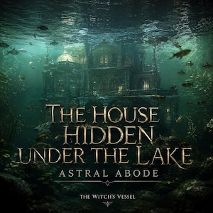 Könnte beinhalten: Ein dunkles, untergetauchtes Herrenhaus liegt unter tiefgrünem Seewasser, umgeben von schwimmenden Fischen. Der Text lautet: THE HOUSE HIDDEN UNDER THE LAKE, ASTRAL ABODE, THE WITCH'S VESSEL. Die Architektur zeigt mehrere Ebenen, Rundbogenfenster und eine Kuppel.