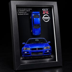 Può includere: Una cornice nera che mostra un modellino di Nissan Skyline GT-R BNR34 blu e una stampa dello stesso veicolo. Il testo include: NISSAN SKYLINE GT-R BNR34, 2.6L RB26DETT | 320 HP, 0-100 km/h: 4.9 s, Top Speed: 255 km/h, e il logo Nissan GT-R.