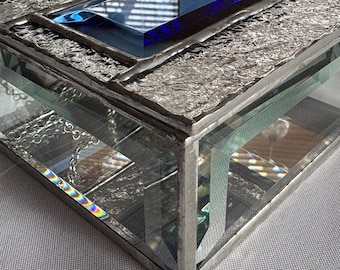 Hand made beveled glass box,sapphire blue beveled glass lid,keepsake gift, jewelry box,wedding gift,modern minimalist design,elegant storage