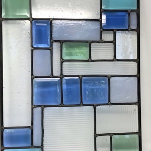 Modern Stained Glass Window: Blue & Green Beveled Glass Art