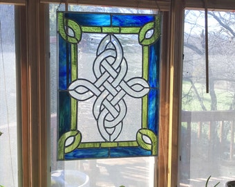 Celtic knot stained glass window, Four point Celtic knot, Eternity knot stained glass, Blues and Greens stained glass window,Irish design