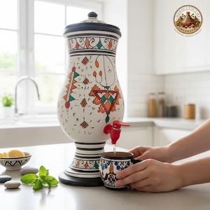 Puede incluir: Un dispensador de agua de cerámica blanca con un diseño geométrico negro, naranja y verde. El dispensador tiene un grifo rojo y una tapa a juego. Se está vertiendo agua en una taza pequeña estampada. El dispensador está sobre una encimera blanca.