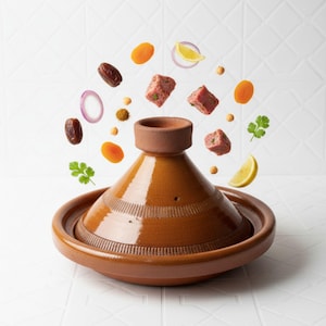 Peut inclure: Un tajine en céramique marron avec un couvercle conique, entouré d'ingrédients comme des dattes, des abricots, des cubes de viande et des épices. Les ingrédients semblent flotter au-dessus du plat, suggérant un thème culinaire.