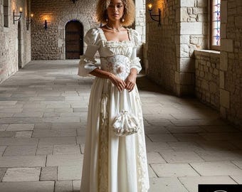 Witte middeleeuwse jurk – elegante historische japon – Regency-stijl – optioneel korset – uniek cadeau