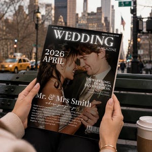 以下が含まれることがあります： 2026年4月付のWedding Magazineというタイトルの雑誌の表紙。フォーマルな服装のカップルの写真が掲載されている。Mr. & Mrs. Smith、Unwavering. Devotion. Faithfulness.というテキスト、愛の物語に関する段落、下部にはバーコードが記載されている。