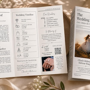May include: A wedding program with a newspaper theme. The program is folded and features text, a wedding timeline, and a photo of the couple. The program includes the text "The Story of Our Love" and "The Wedding Times".