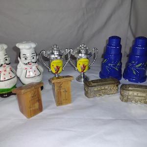 Mega Kitschy Salt and Pepper Lot - MCM Variety of 5 pairs Plastic, Celluloid, Wood, Metal, Chefs, Outhouses, Cakes, San Francisco Trolleys