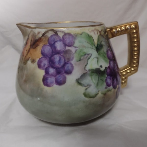 Antique Porcelain Gold Gilded Cider Pitcher - Green purple, bronze grapes - Stunning!