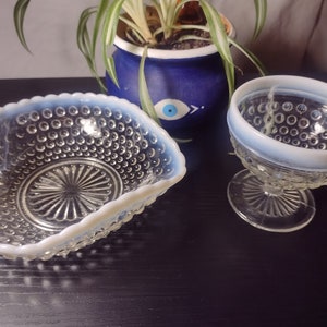 1940s Anchor Hocking Moonstone Clover/Heart dish plus sherbet dish MCM opalescent glass serving pieces